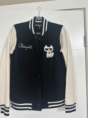 Karl Lagerfeld Black and Cream Varsity Jacket with Cat Patch